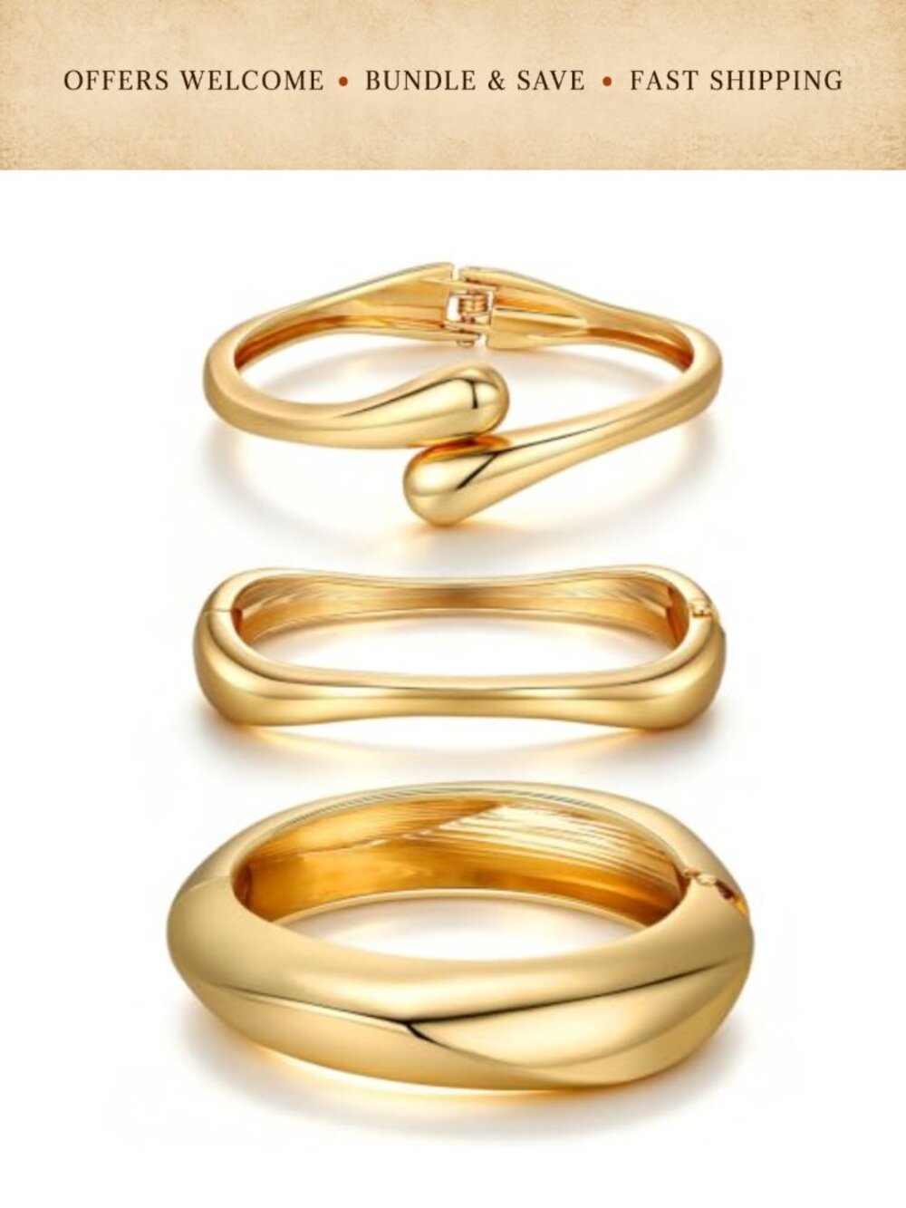 14K Gold Plated Chunky Bangle Bracelet Set of 3 Cuff Stackable Jewelry Gift